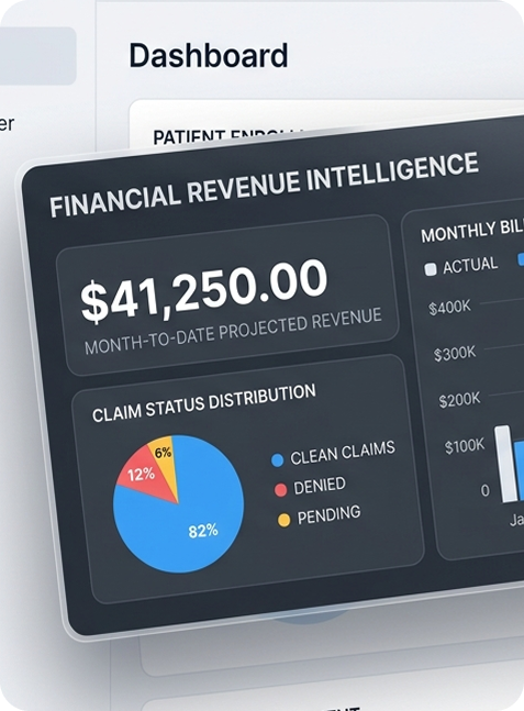 Financial Revenue Intelligence dashboard — month-to-date projected revenue and claim status distribution