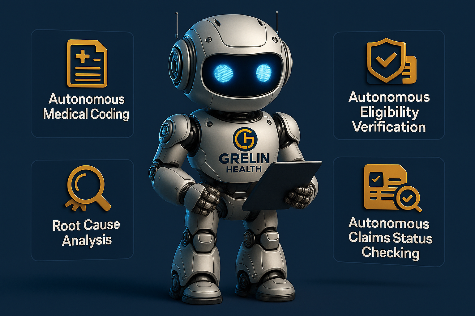 Grelin Health AI Agent with capabilities: Autonomous Medical Coding, Eligibility Verification, Root Cause Analysis, and Claims Status Checking